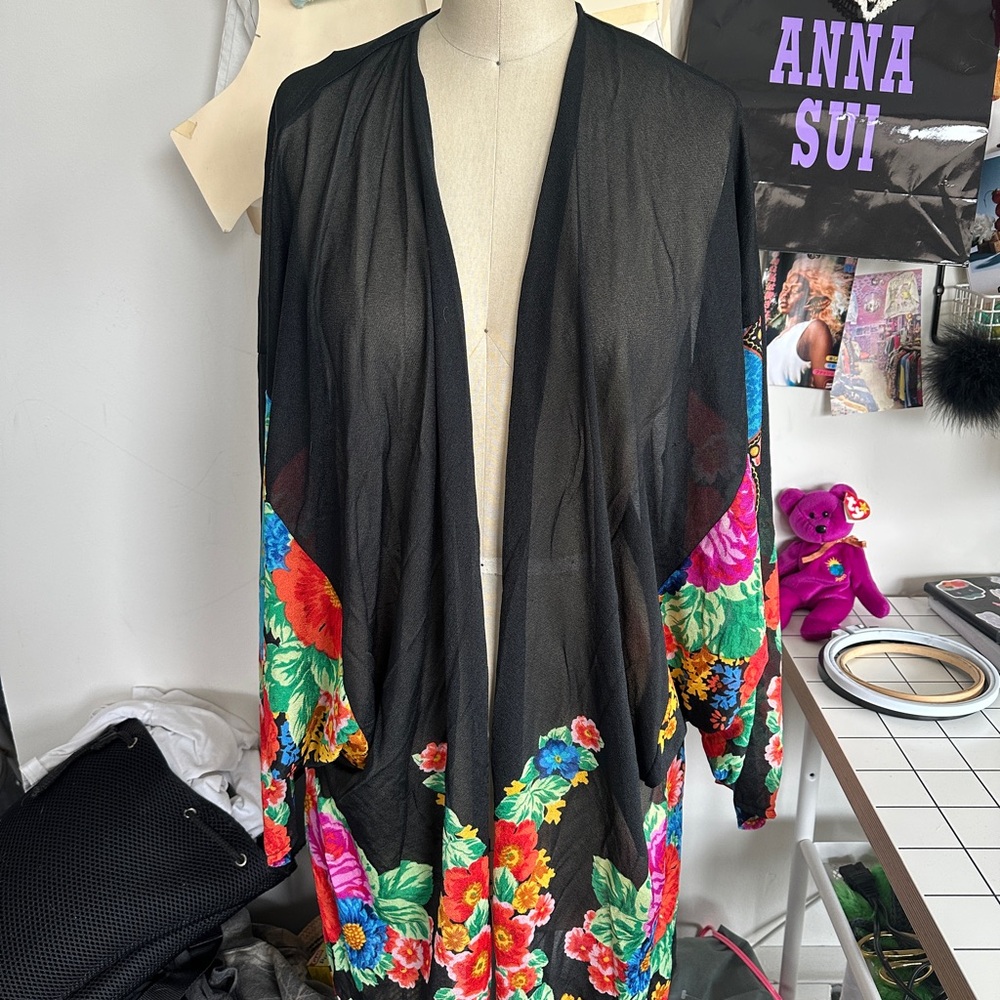 Vintage Floral Black Kimono Cardigan